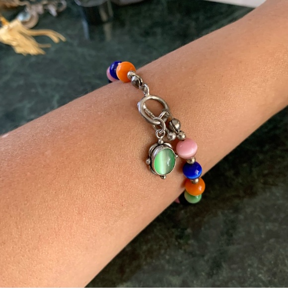 Multicolor Cats Eye And Beaded Sterling Silver Bracelet With Charm Toggle 7.25” - Picture 7 of 7